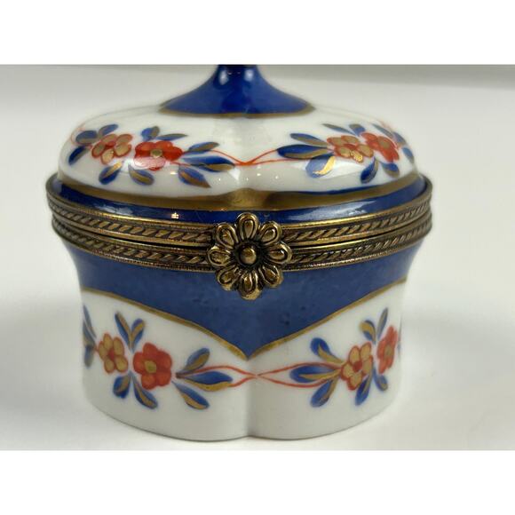 Charmat Limoges France Hand Painted Porcelain Trinket Box Floral Blue Gold - Picture 2 of 10